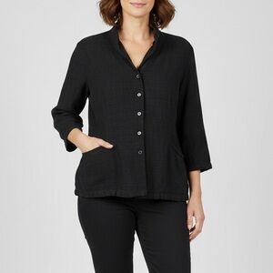 EILEEN FISHER Linen Blend Black Button-Up Blazer Jacket Top PL Petite Large